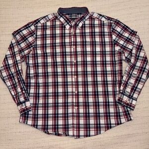 Mason James Mens XL Stretch Plaid Button Down Shirt Burgundy Navy Blue White